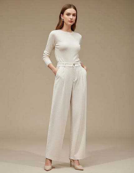 Pantalon Blanc Côtelé Plissé Droit Élégant Femme - Beige Cordé