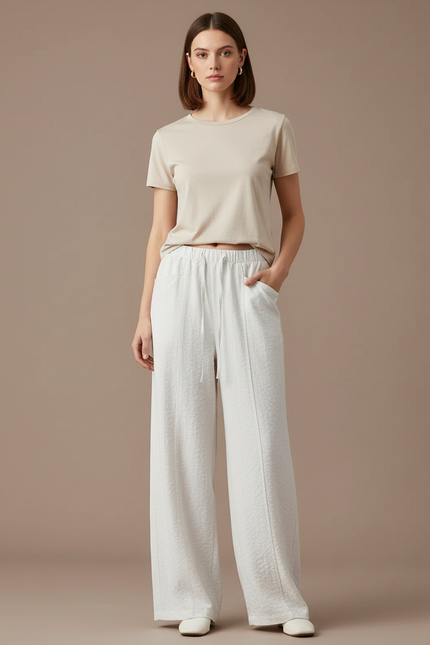 Pantalon Blanc Ample Texturé Drapé Décontracté Élégant - Lin