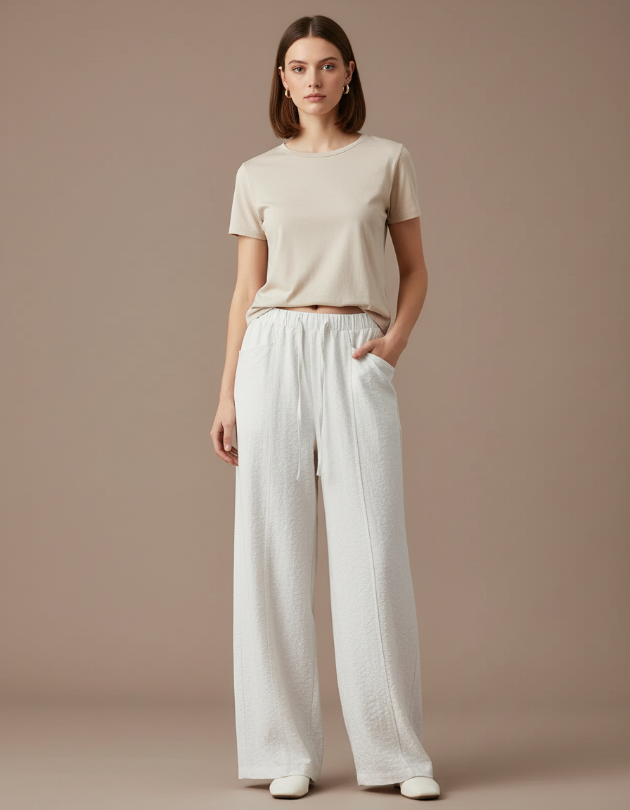 Pantalon Blanc Ample Texturé Drapé Décontracté Élégant - Lin