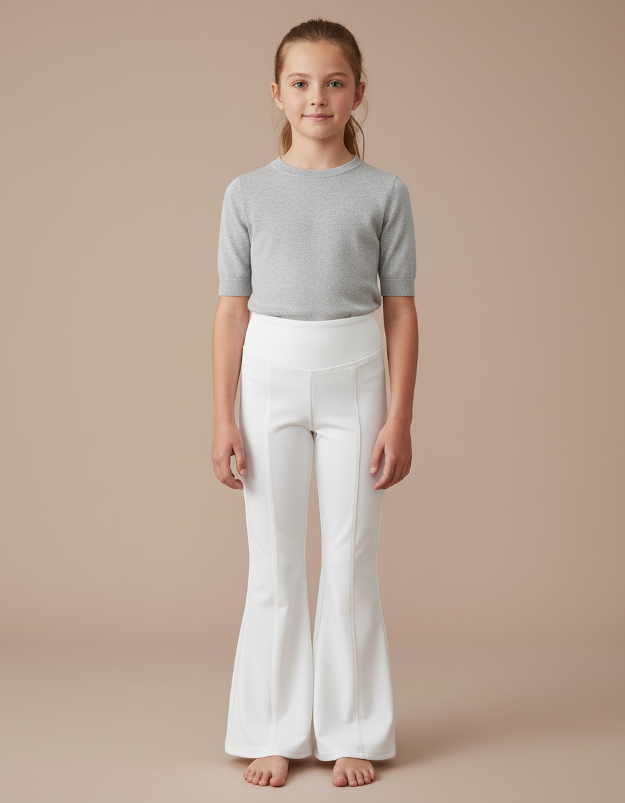 Pantalon Blanc Évasé Taille Haute Fille Stretch - Maille