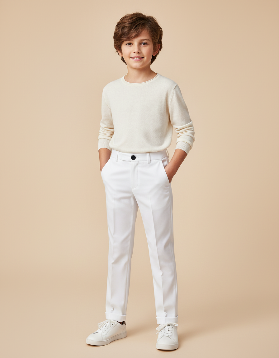 Pantalon Blanc Droit Élégant Cérémonie Garçon - Gabardine