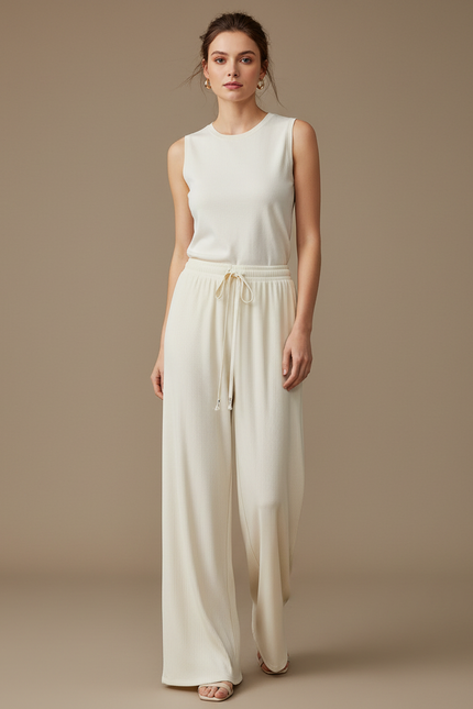 Pantalon Blanc Plissé Fluide Décontracté Confortable Large - Maille