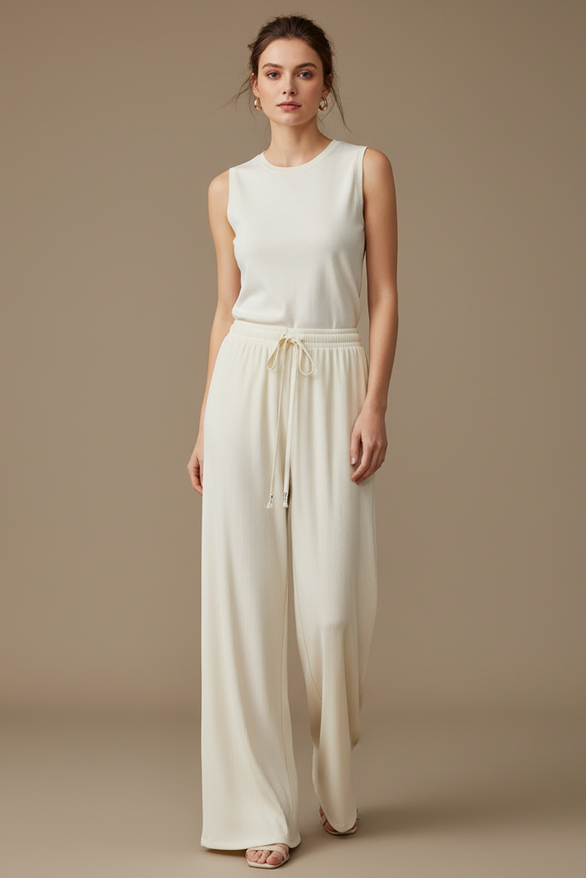 Pantalon Blanc Plissé Fluide Décontracté Confortable Large - Maille