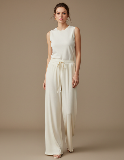 Pantalon Blanc Plissé Fluide Décontracté Confortable Large - Maille