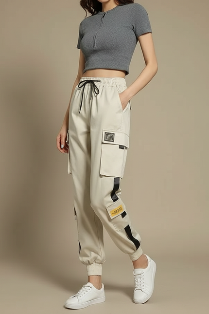Pantalon Blanc Cargo Femme Ample Décontracté Poches - Beige Polyester