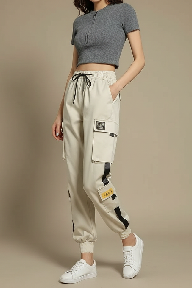 Pantalon Blanc Cargo Femme Ample Décontracté Poches - Beige Polyester