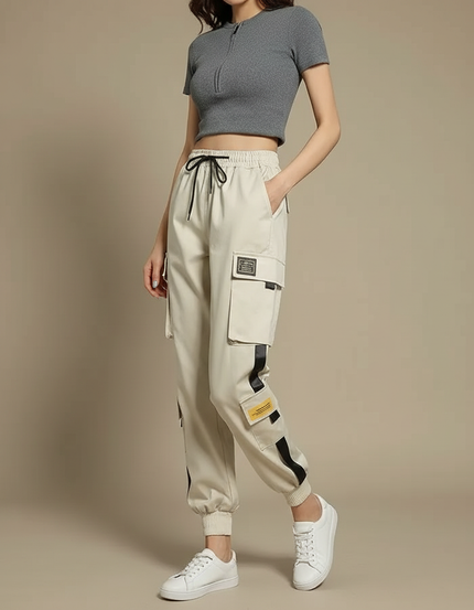 Pantalon Blanc Cargo Femme Ample Décontracté Poches - Beige Polyester