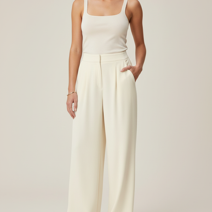 Pantalon Blanc Fluide Plissé Décontracté Femme - Beige Polyester