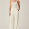 Pantalon Blanc Fluide Plissé Décontracté Femme - Beige Polyester