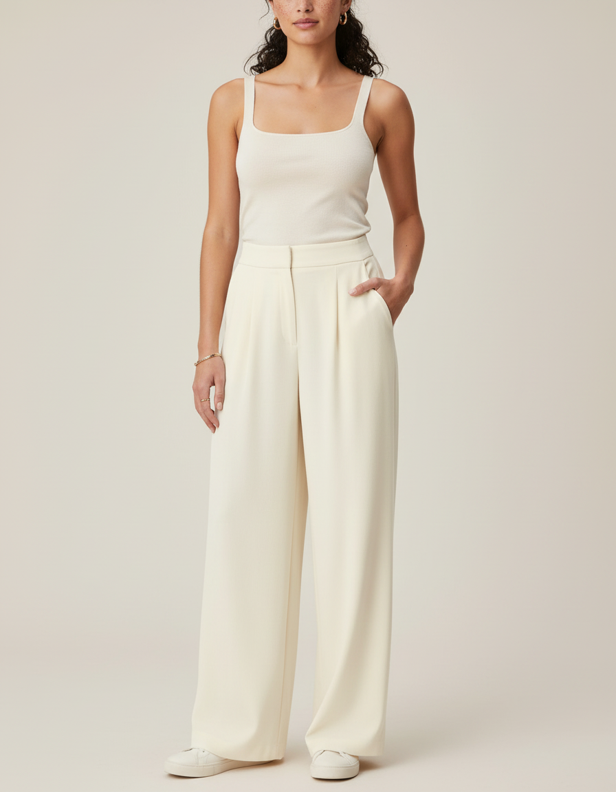 Pantalon Blanc Fluide Plissé Décontracté Femme - Beige Polyester