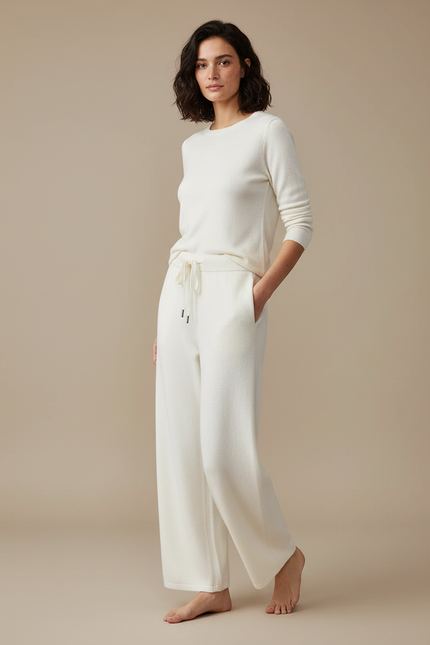 Pantalon Blanc Laine Ample Droit Décontracté Femme