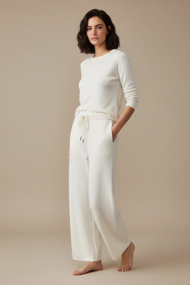 Pantalon Blanc Laine Ample Droit Décontracté Femme