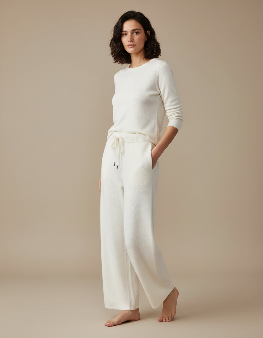 Pantalon Blanc Laine Ample Droit Décontracté Femme