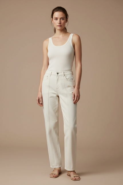 Pantalon Blanc Droit Coton Décontracté Coutures Apparentes - Beige
