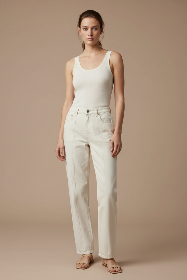 Pantalon Blanc Droit Coton Décontracté Coutures Apparentes - Beige