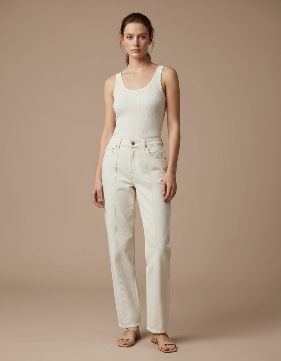 Pantalon Blanc Droit Coton Décontracté Coutures Apparentes - Beige