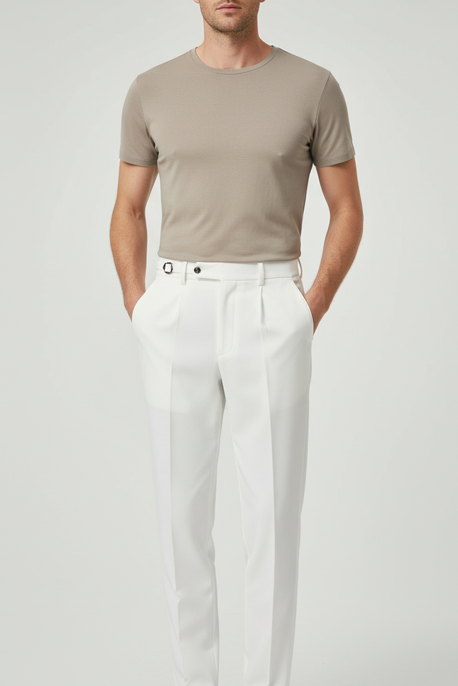 Pantalon Blanc Homme Plissé Droit Élégant Décontracté - Gabardine