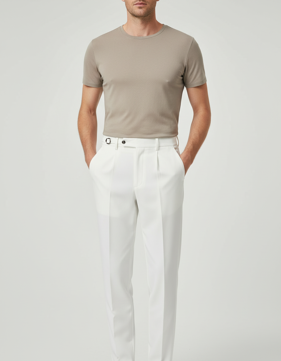 Pantalon Blanc Homme Plissé Droit Élégant Décontracté - Gabardine