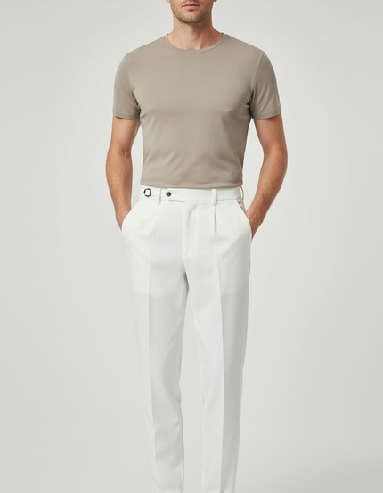 Pantalon Blanc Homme Plissé Droit Élégant Décontracté - Gabardine