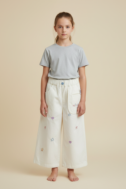 Pantalon Blanc Brodé Ample Décontracté Fille Coton
