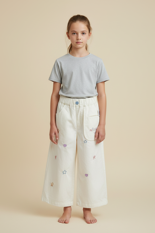 Pantalon Blanc Brodé Ample Décontracté Fille Coton