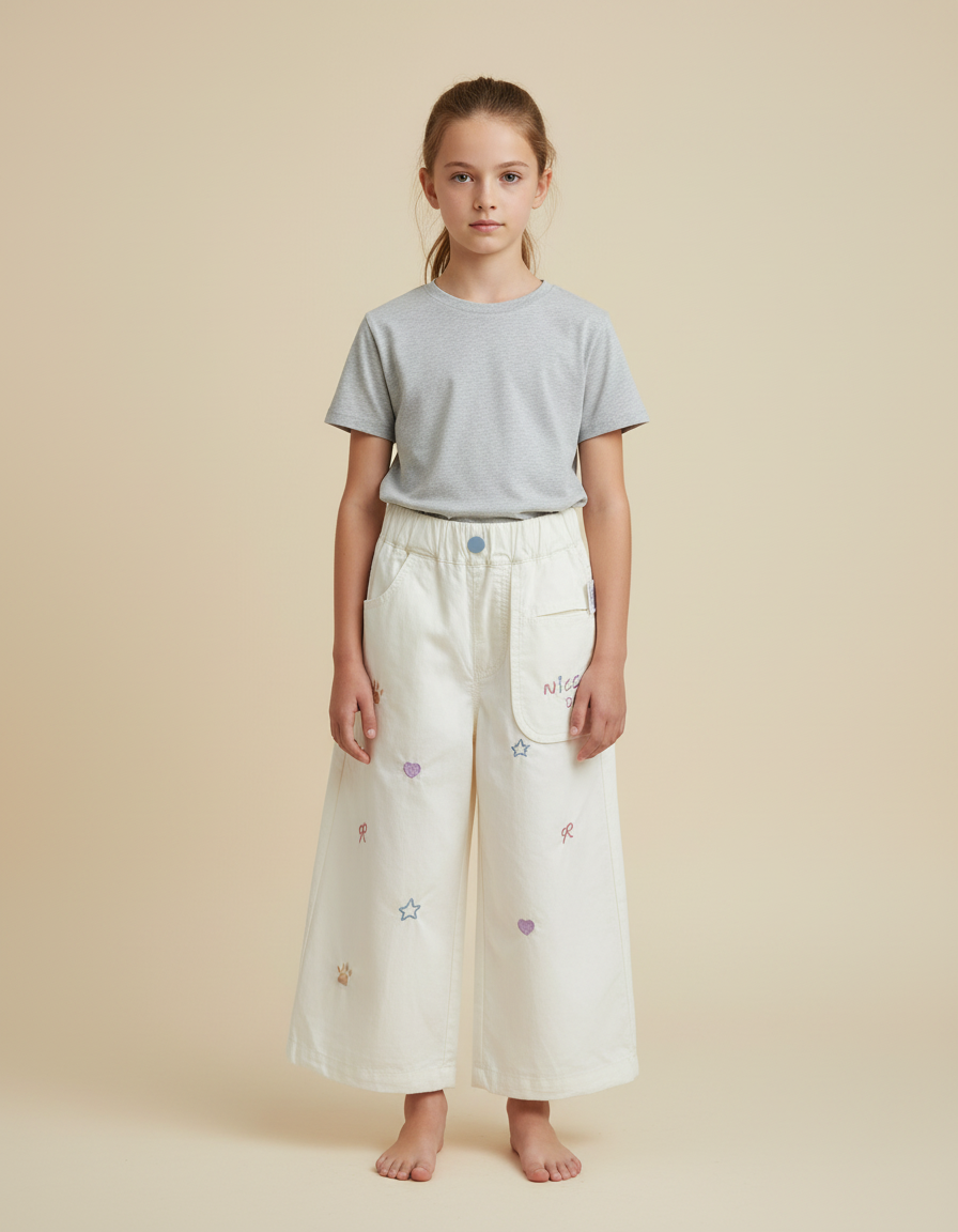 Pantalon Blanc Brodé Ample Décontracté Fille Coton