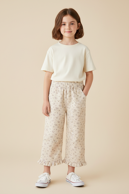 Pantalon Blanc Côtelé Fleuri Ample Fille Volants - Imprimé Cordé