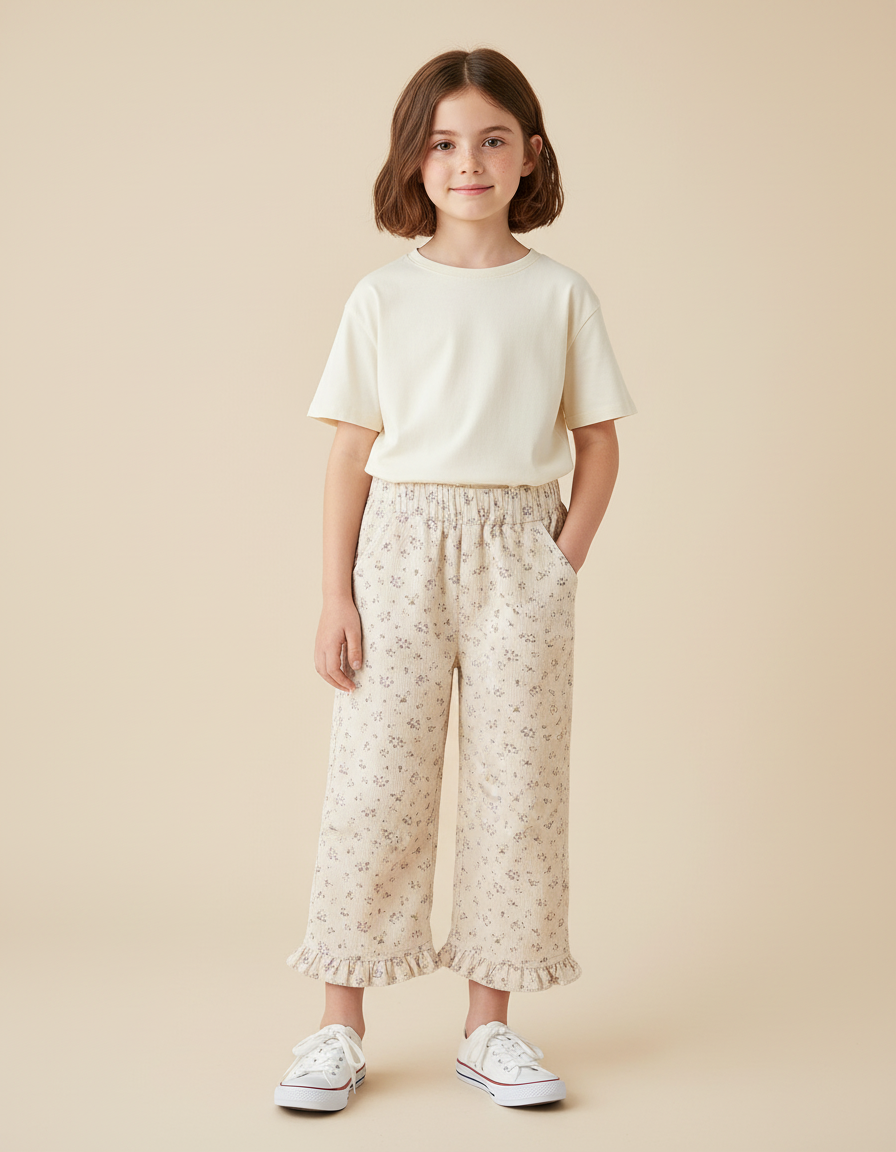 Pantalon Blanc Côtelé Fleuri Ample Fille Volants - Imprimé Cordé