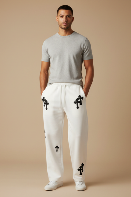 Pantalon Blanc Ample Imprimé Croix Streetwear Décontracté - Molleton