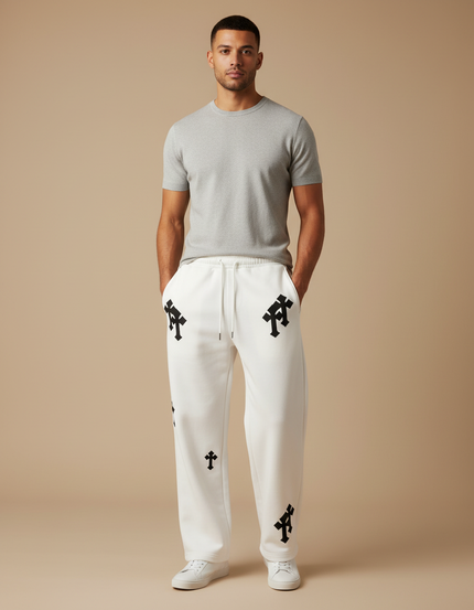 Pantalon Blanc Ample Imprimé Croix Streetwear Décontracté - Molleton