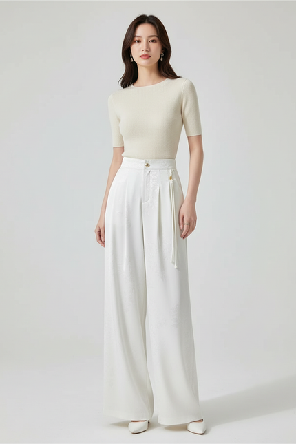 Pantalon Blanc Jacquard Satin Ample Élégant Femme