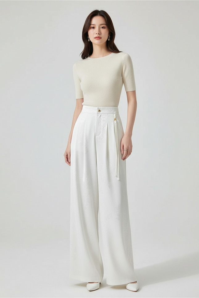 Pantalon Blanc Jacquard Satin Ample Élégant Femme