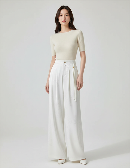Pantalon Blanc Jacquard Satin Ample Élégant Femme