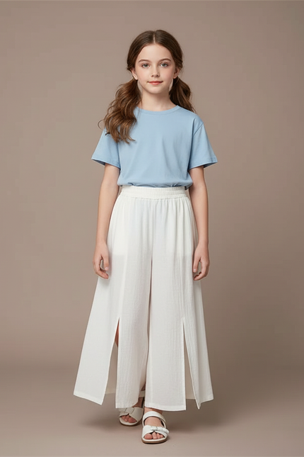 Pantalon Blanc Fendu Ample Fluide Enfant - Lin