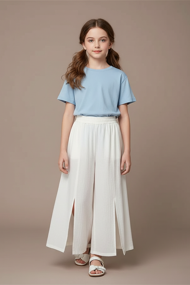 Pantalon Blanc Fendu Ample Fluide Enfant - Lin