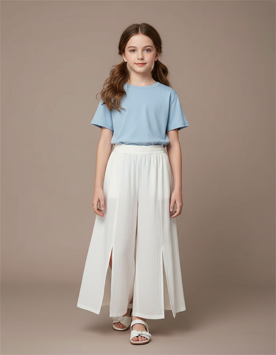Pantalon Blanc Fendu Ample Fluide Enfant - Lin