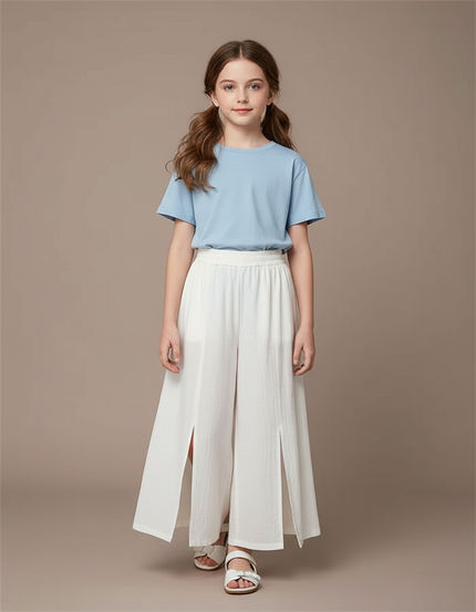 Pantalon Blanc Fendu Ample Fluide Enfant - Lin