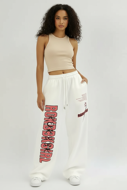 Pantalon Blanc Large Imprimé Décontracté Femme - Molleton