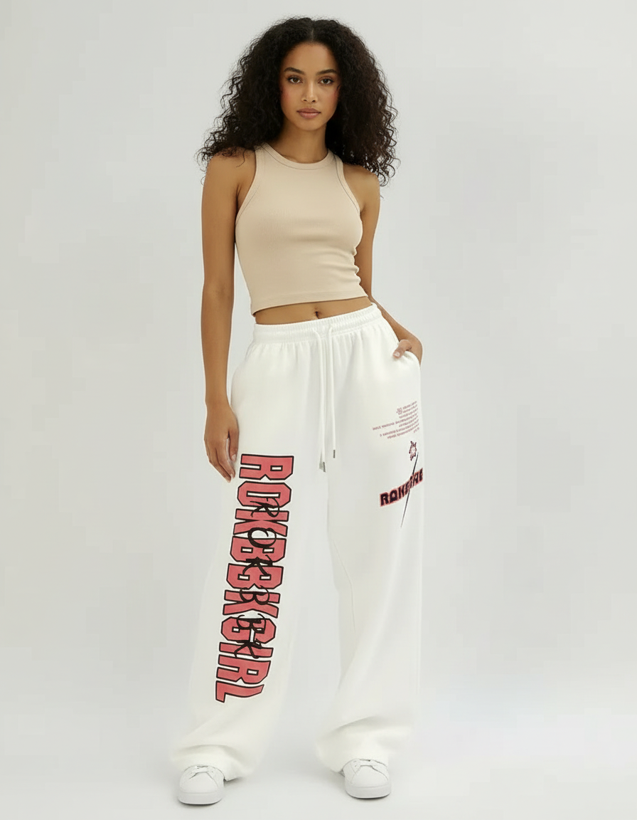 Pantalon Blanc Large Imprimé Décontracté Femme - Molleton
