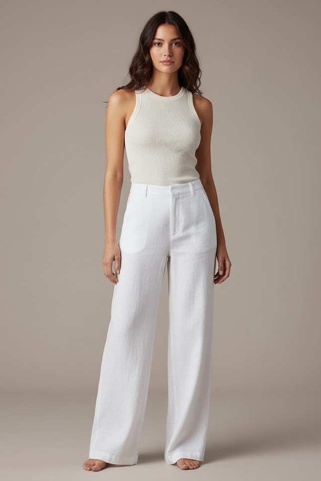 Pantalon Blanc Lin Fluide Ample Élégant Femme