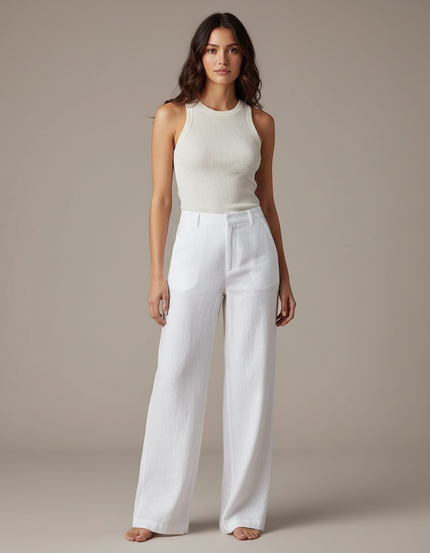 Pantalon Blanc Lin Fluide Ample Élégant Femme