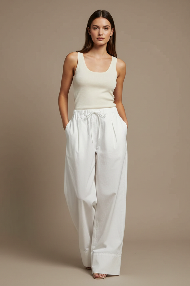Pantalon Blanc Coton Ample Fluide Décontracté Femme