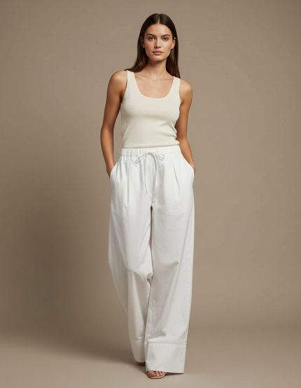 Pantalon Blanc Coton Ample Fluide Décontracté Femme