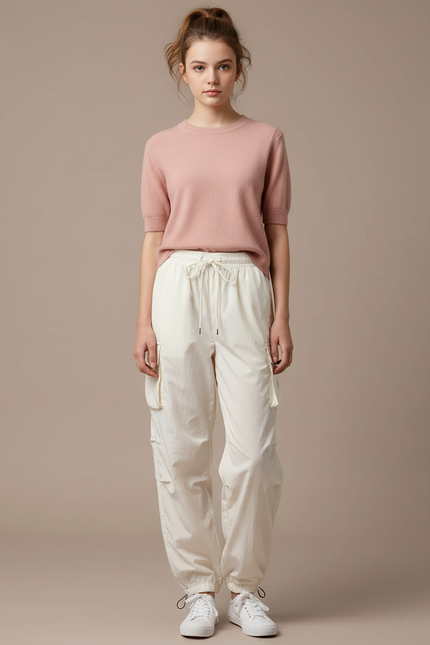 Pantalon Blanc Cargo Ample Cordon Décontracté Femme - Polyester