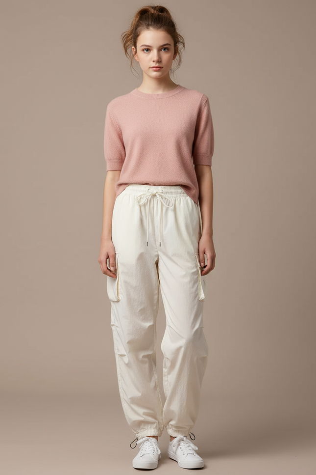 Pantalon Blanc Cargo Ample Cordon Décontracté Femme - Polyester
