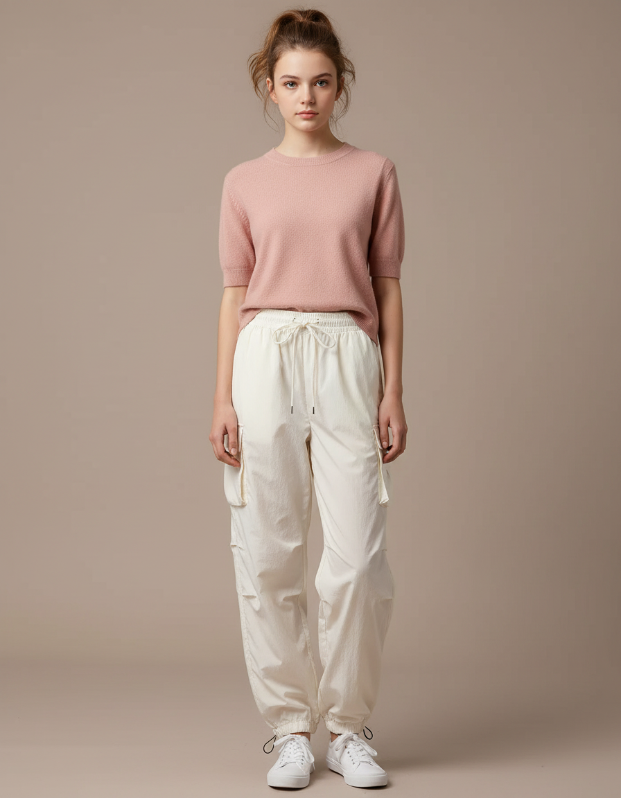 Pantalon Blanc Cargo Ample Cordon Décontracté Femme - Polyester