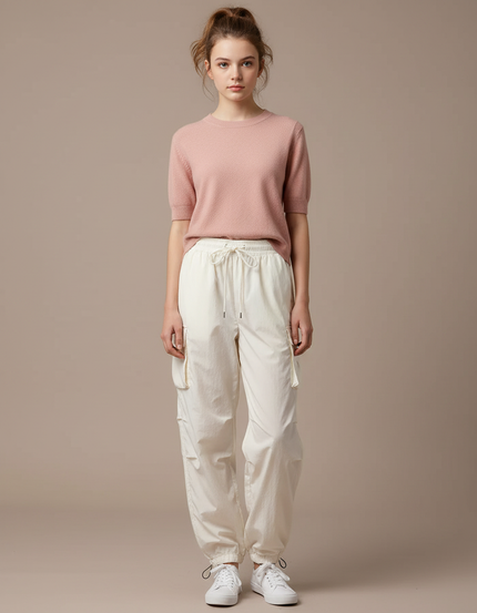 Pantalon Blanc Cargo Ample Cordon Décontracté Femme - Polyester