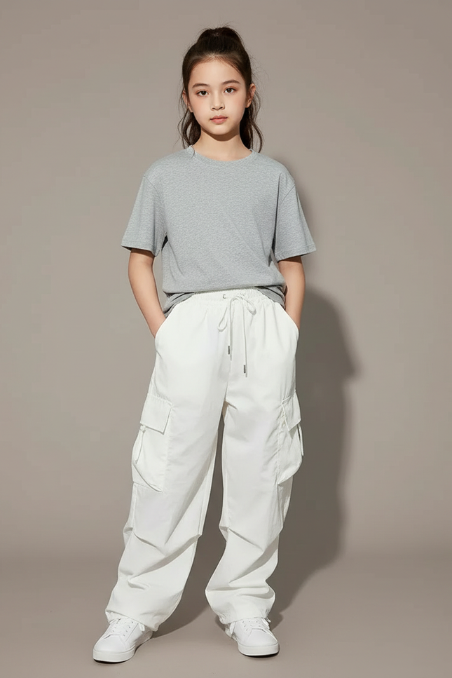 Pantalon Blanc Cargo Ample Jogging Enfant - Polyester