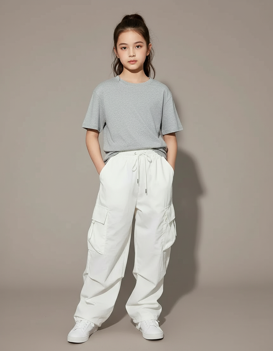 Pantalon Blanc Cargo Ample Jogging Enfant - Polyester