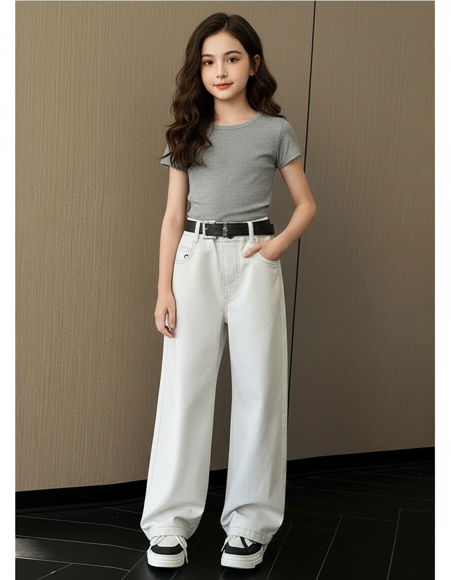 Pantalon Blanc Ample Droit Décontracté Fille - Jean